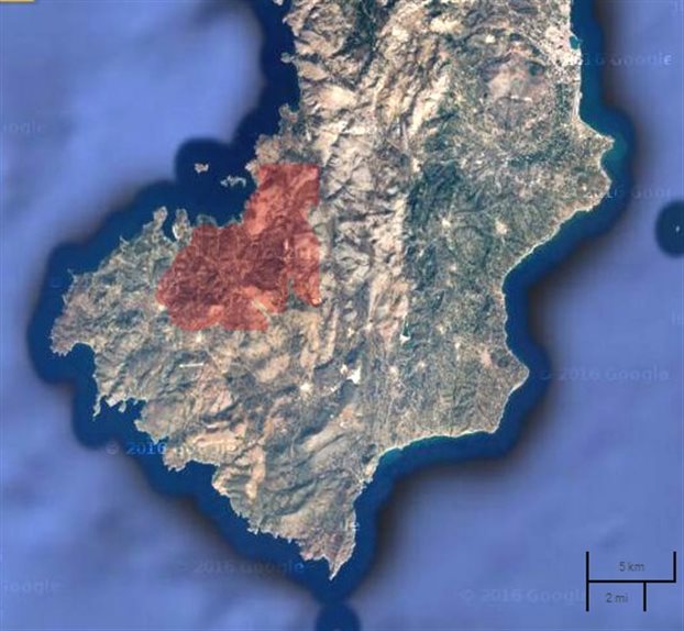 Η έκταση της καταστροφής στη Χίο (με κόκκινο χρώμα), όπως αποδίδεται από το Ευρωπαϊκό Σύστημα Καταγραφής Πυρκαγιών ΕFFIS