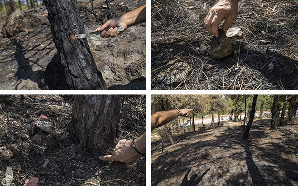 Οι ερευνητές της ΔΑΕΕ παρατηρούν όλα τα σημάδια στο σημείο της φωτιάς. (Φωτογραφίες: Αλεξία Τσαγκάρη)